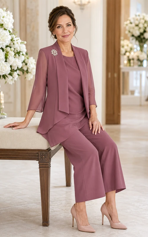 Vintage-Mauve-Hose, elegant, kurz geschnitten, weites Bein, mit Broschenverzierung, Rundhalsausschnitt, asymmetrischem Dreiviertel-Blazer, perfekt für die Mutter der Braut.