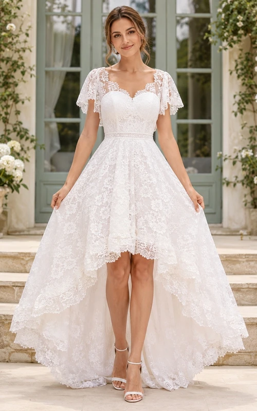 Vestido de novia de encaje floral con escote en V, manga corta, cola asimétrica y vestido de novia