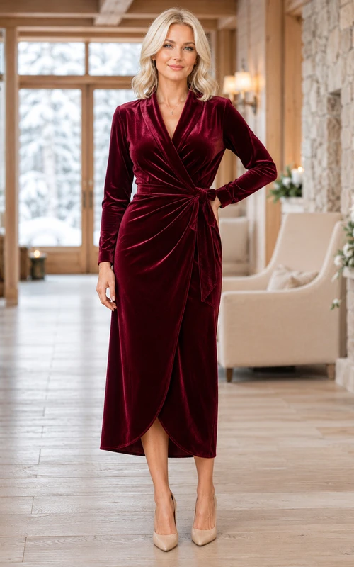 Vestido midi de invitada color burdeos con escote en V, manga larga y fruncido, de terciopelo.