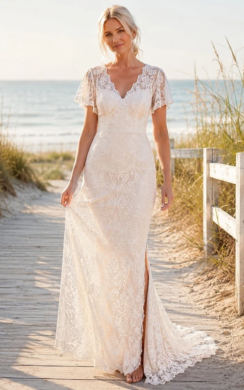 Bridal Lace V-neck Short Sleeve A-Line Sweep Train Formal Gown