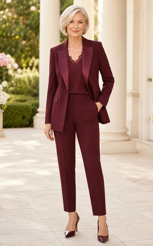 Burgunderroter, moderner, kurzer Hosenanzug aus Satin mit Spitzenbesatz, tailliertem Blazer und schmal zulaufender Hose – perfekt für die Mutter der Braut.