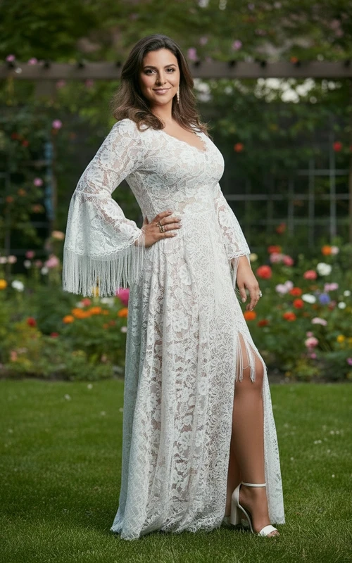 Kurvenreiches Boho-Spitzenkleid mit Glockenärmeln