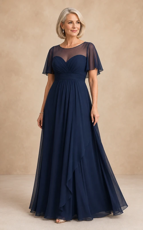 Dunkelblaues Chiffon-Kleid mit Illusion-Bateau-Ausschnitt und A-Linien-Abschnitt – perfekt für Mütter