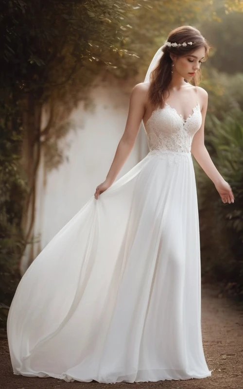 Vestido de novia de gasa estilo imperio con tirantes finos y top de encaje.