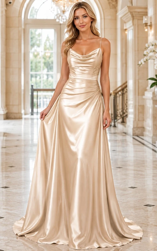 Champagne Cowl Sleeveless Satin A-Line Floor-length Draped Evening Dress