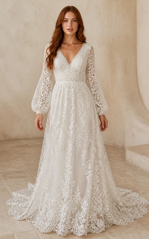 Vestido de novia bohemio de manga larga, corte A, escote en V, encaje de enredadera y cola catedral.