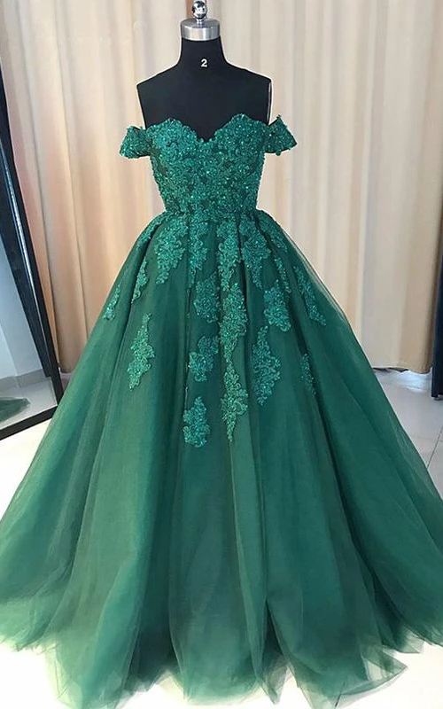 Ballkleid aus Spitze und Tüll, schulterfrei, kurze Ärmel, Reißverschluss
