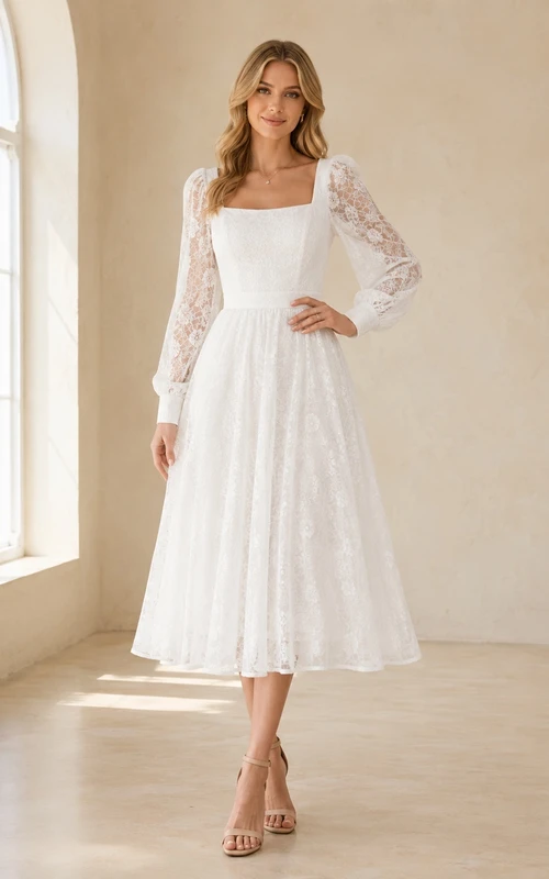 Weißes, romantisches Abendkleid mit eckigem Ausschnitt, langen Ärmeln, Spitze, A-Linie und Teelänge