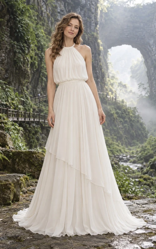 Vestido de novia sencillo de gasa con escote halter y cuello alto, corte en A y volantes.