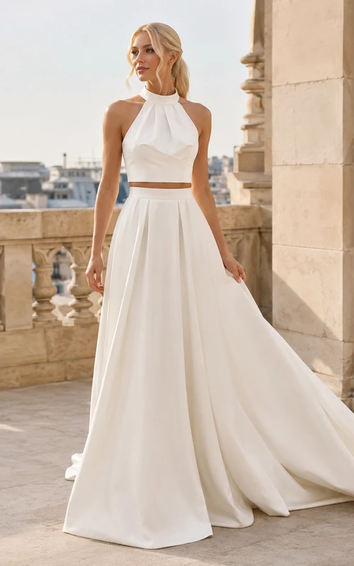 Minimal Bridal Two Piece Halter Bow Neck Backless Satin Court Train Wedding Outfit
