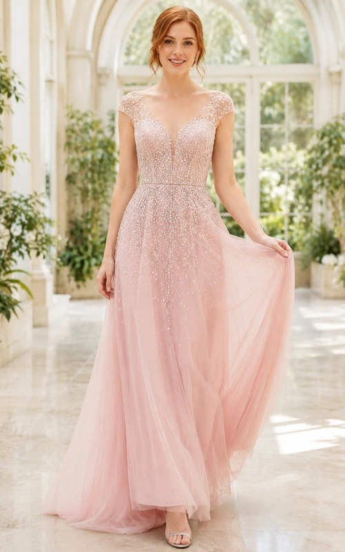 Robe de bal trapèze en tulle et corsage en dentelle rose poudré