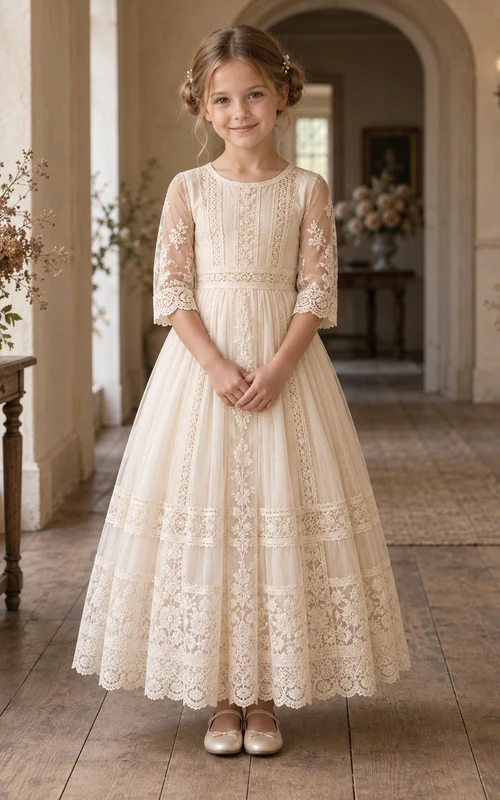 Vestido de niña de flores de corte A, color champán, con encaje, mangas hasta el codo, largo hasta el tobillo, paneles insertados y dobladillo con banda.