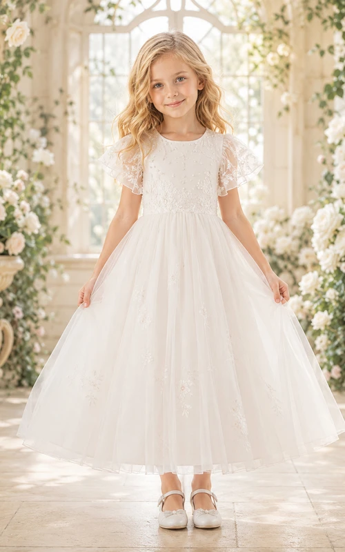 Vestido de niña de las flores, color marfil, encaje, tul, corte en A, manga corta, cuello joya, largo midi.