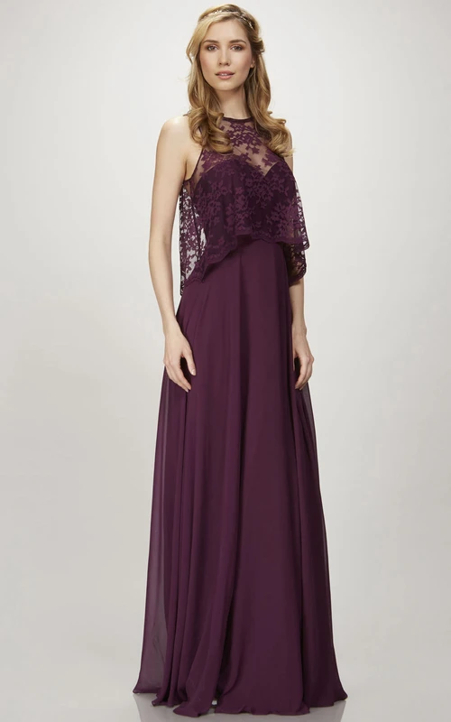 Robe de demoiselle d'honneur sans manches en mousseline à col montant et appliqués, dos nu en V