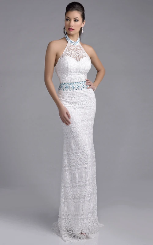 Robe de bal fourreau dos nu en dentelle avec strass à la taille et au col