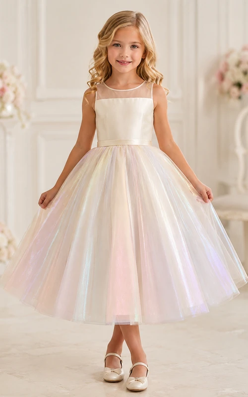 Vestido de niña de flores romántico de tul opalescente con corte en A, sin mangas, escote cuadrado y falda iridiscente hasta la rodilla.