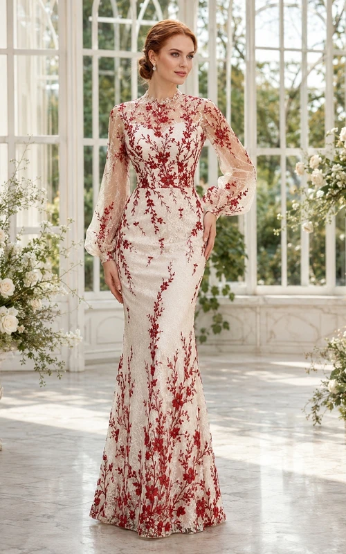 Rotes, hochgeschlossenes, langärmeliges Meerjungfrauen-Brautkleid aus Spitze, bodenlang, schlicht und elegant
