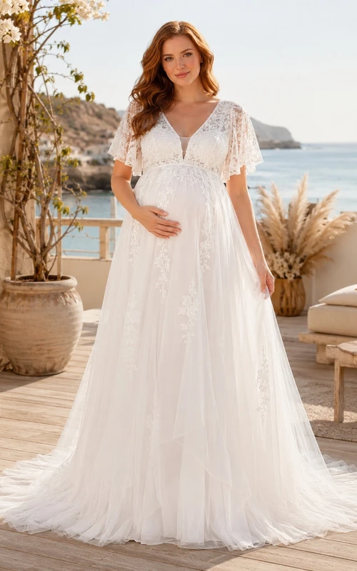 Maternity V-Neck Cap Sleeve Floral Lace Empire A-Line Chapel Train Beach Wedding Dress