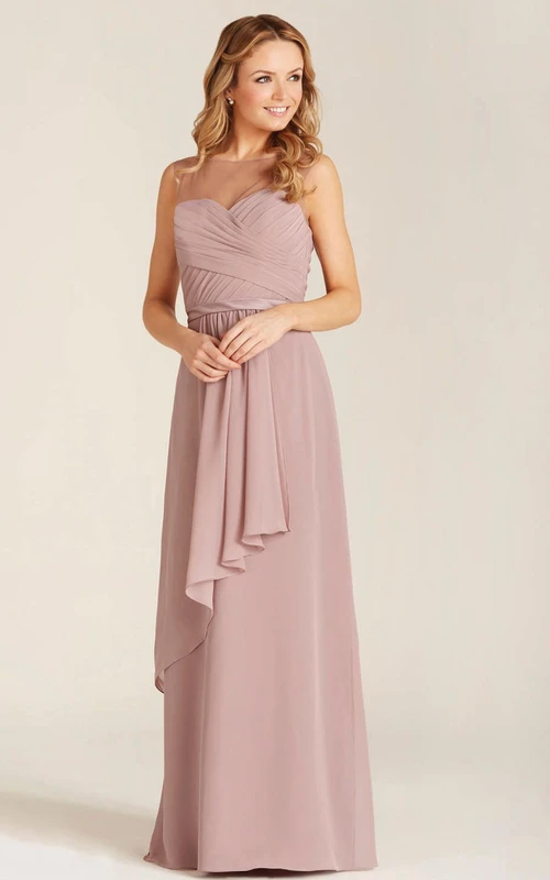 Sheath Criss-Cross Sleeveless Long Scoop-Neck Chiffon Bridesmaid Dress With Draping