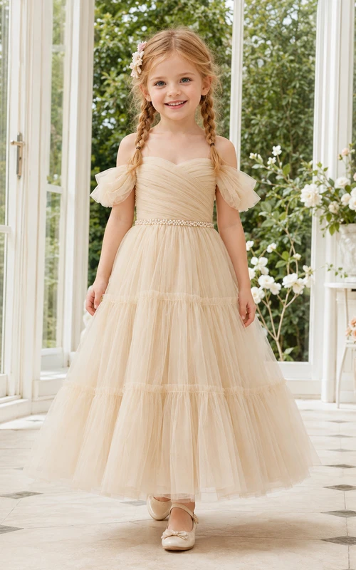 Flower Girl Dress Champagne Tulle A-Line Short Sleeve Off Shoulder Tea Length Ruffle Detail Tiered Skirt