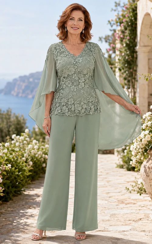Romantischer, salbeigrüner Cape-Tunika-Hosenanzug mit Muschelsaum, weitem Bein, Dreiviertelärmeln und fließenden Chiffon-Seitenteilen – perfekt für die Mutter der Braut.