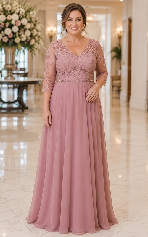 Mutterkleid in Übergröße, altrosa, mit Spitzenoberteil und Chiffon