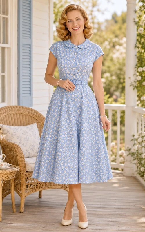 Vestido de té de corte A con cuello en V y mangas cortas, estampado floral azul cielo en gasa