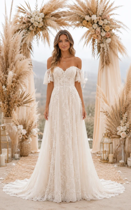 Boho A-Line Wedding Dress Off Shoulder Sweetheart Tulle Lace Applique Floor Length Chapel Train Ivory