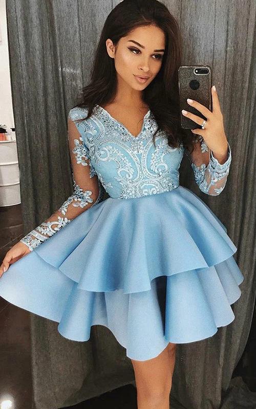 Kurzes Minikleid in A-Linien-Optik mit langen Ärmeln, Satinspitze und V-Ausschnitt für den Abschlussball