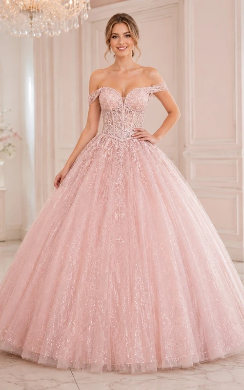 Off Shoulder Blushing Pink Tulle Ball Gown Romantic Sweet Sixteen Dress