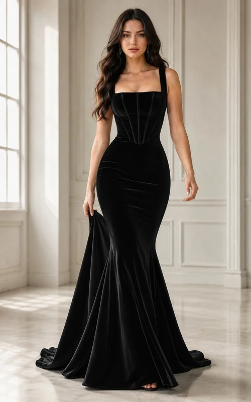 Black Square Neck Spaghetti Strap Corset Mermaid Gown