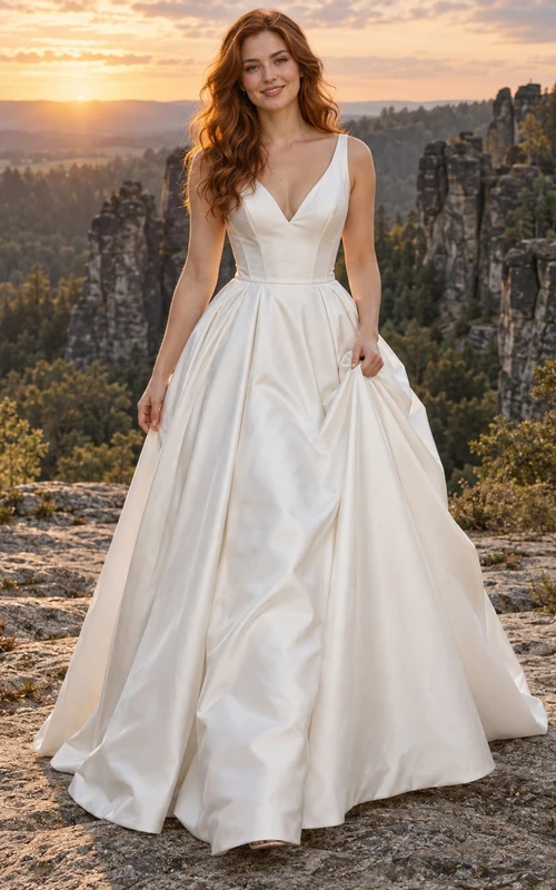 Vestido de novia sencillo y moderno de satén, corte en A, escote en V, sin mangas, falda plisada y cola larga.