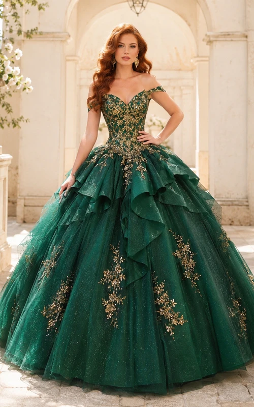 Lujoso vestido de fiesta de quinceañera de tul con volantes, hombros descubiertos y bordados dorados, color verde oscuro.