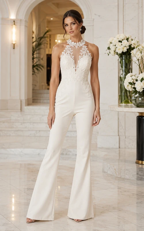 Combinaison de mariée blanche en dentelle florale à dos nu et dos nu