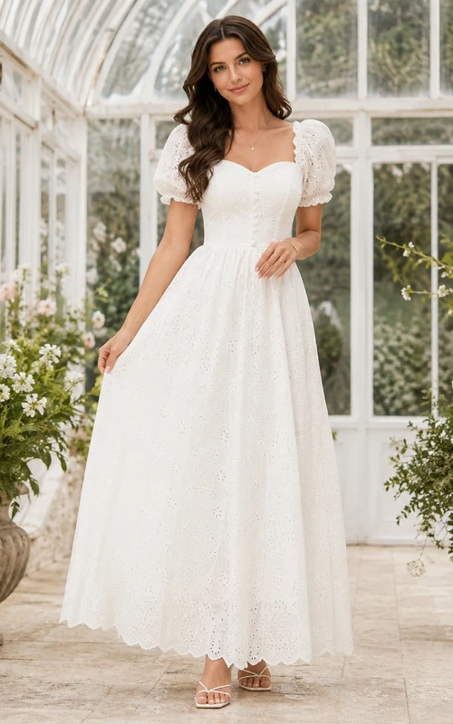 Vestido formal blanco de gasa con escote cuadrado, mangas abullonadas y corte en A, largo hasta el suelo.