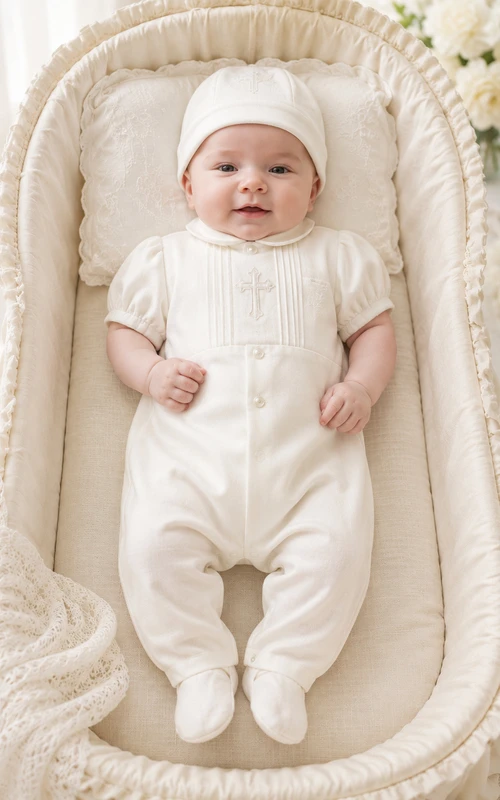 White Cross Embroidered Puff Sleeve Newborn Christening Footie for Baby Boy