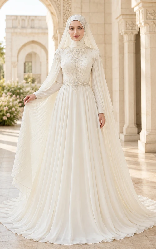 Vestido de novia musulmán de gasa plisada con mangas tipo capa y cuello alto, corte en A