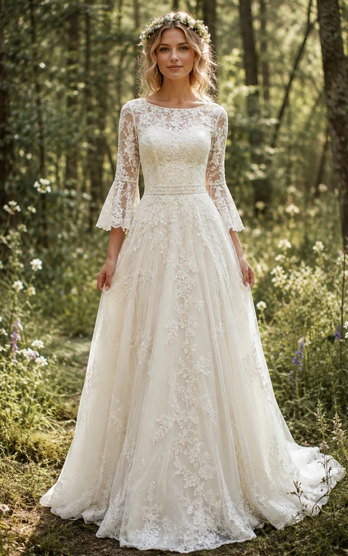 Vestido de novia bohemio discreto con escote ilusión tipo barco, mangas acampanadas y cola en línea A de encaje floral.