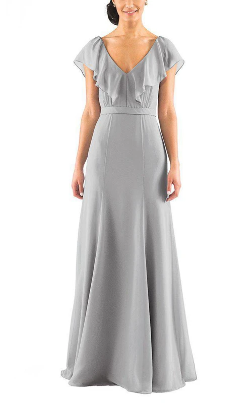 Falbala Brautjungfernkleid aus Chiffon mit V-Ausschnitt und A-Linie