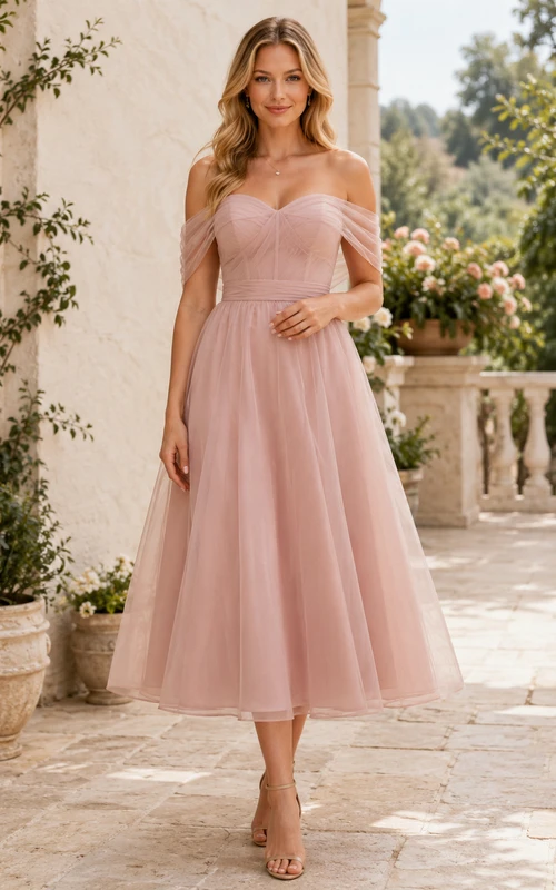 Vestido largo midi sin tirantes de organza color rosa empolvado