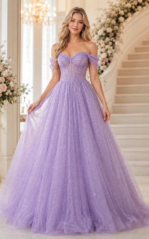 Lavendelfarbenes Glitzer-Tüll-Abendkleid mit schulterfreiem Ausschnitt und Herzausschnitt