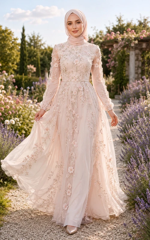 Vestido de novia de manga larga con corte en A, color rosa empolvado, estilo musulmán, con apliques florales.