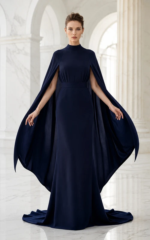 Dark Navy High Neck Cape Sleeve Sheath Evening Dress with Train