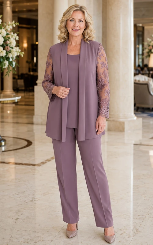 Vintage-Hose in Mauve-Tönen, schlicht und elegant, aus transparenter Spitze gefertigt, mit langen Ärmeln und gerader Knöchelhose – perfekt für die Mutter der Braut.