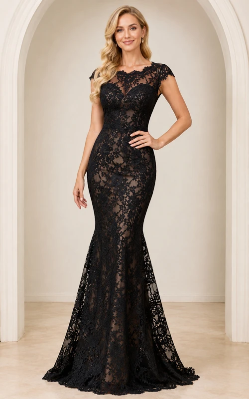 Sexy vestido de noche formal negro con escote en V festoneado, mangas cortas, encaje completo, corte sirena y cola larga