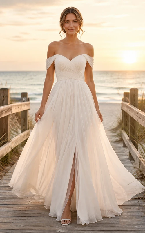 Robe de mariée légère en mousseline de soie, épaules dénudées, décolleté cœur, coupe trapèze et fente, idéale pour la plage.