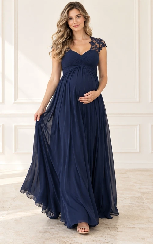 Maternity Dark Navy V Neck Lace Cap Empire Chiffon Dress
