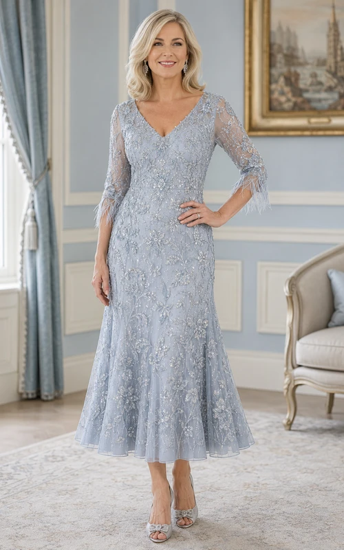 Robe de mariée bleu ciel en dentelle et tulle, coupe sirène, manches 3/4, col en V, longueur midi, détails à volants
