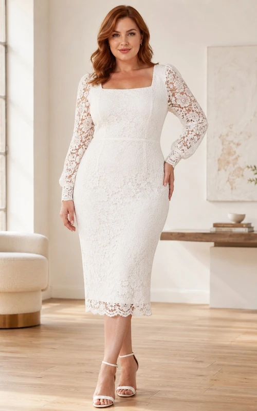 Vestido largo de encaje blanco de talla grande con cuello cuadrado y mangas largas, corte lápiz, largo hasta la rodilla.