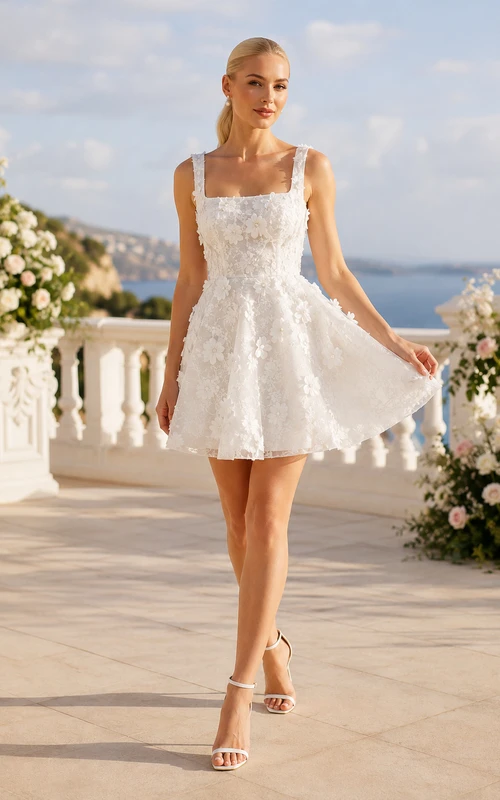 Minivestido de novia blanco de corte A con tirantes de encaje y escote cuadrado.